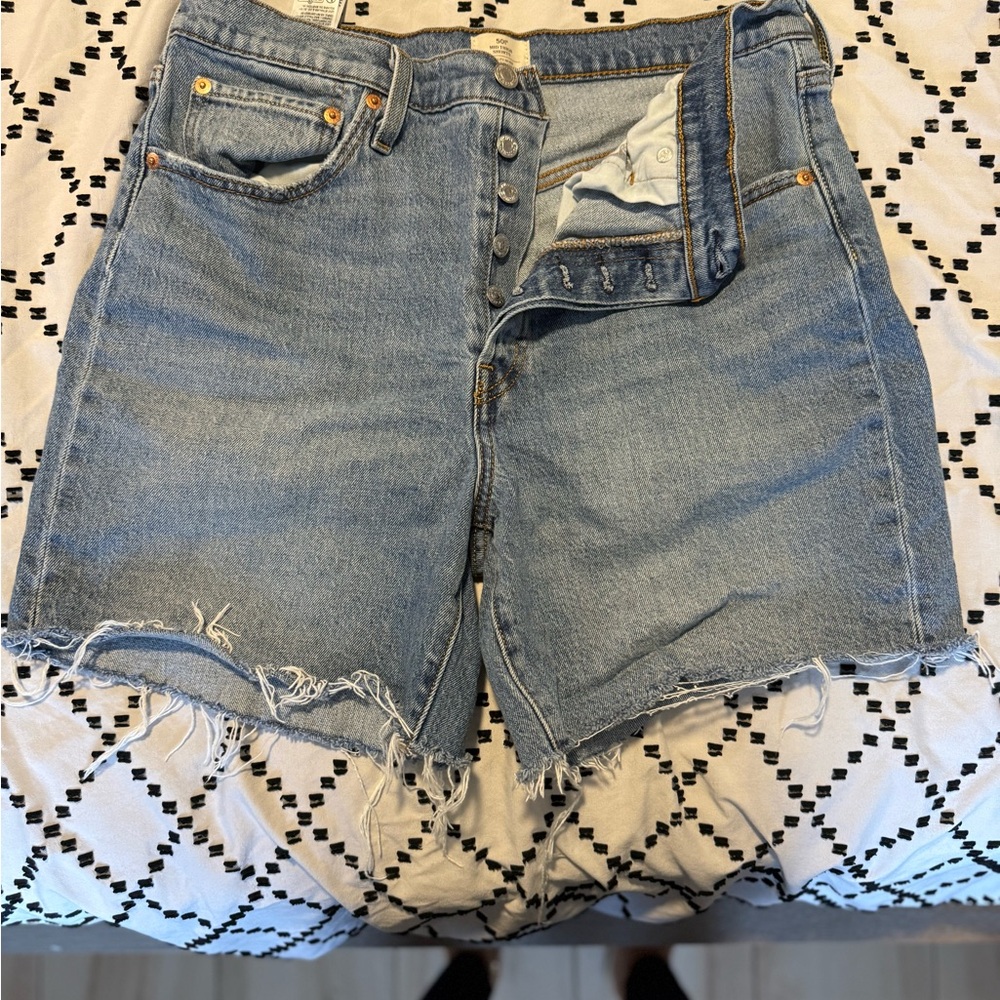 High-Waist Light Blue Frayed Denim Shorts